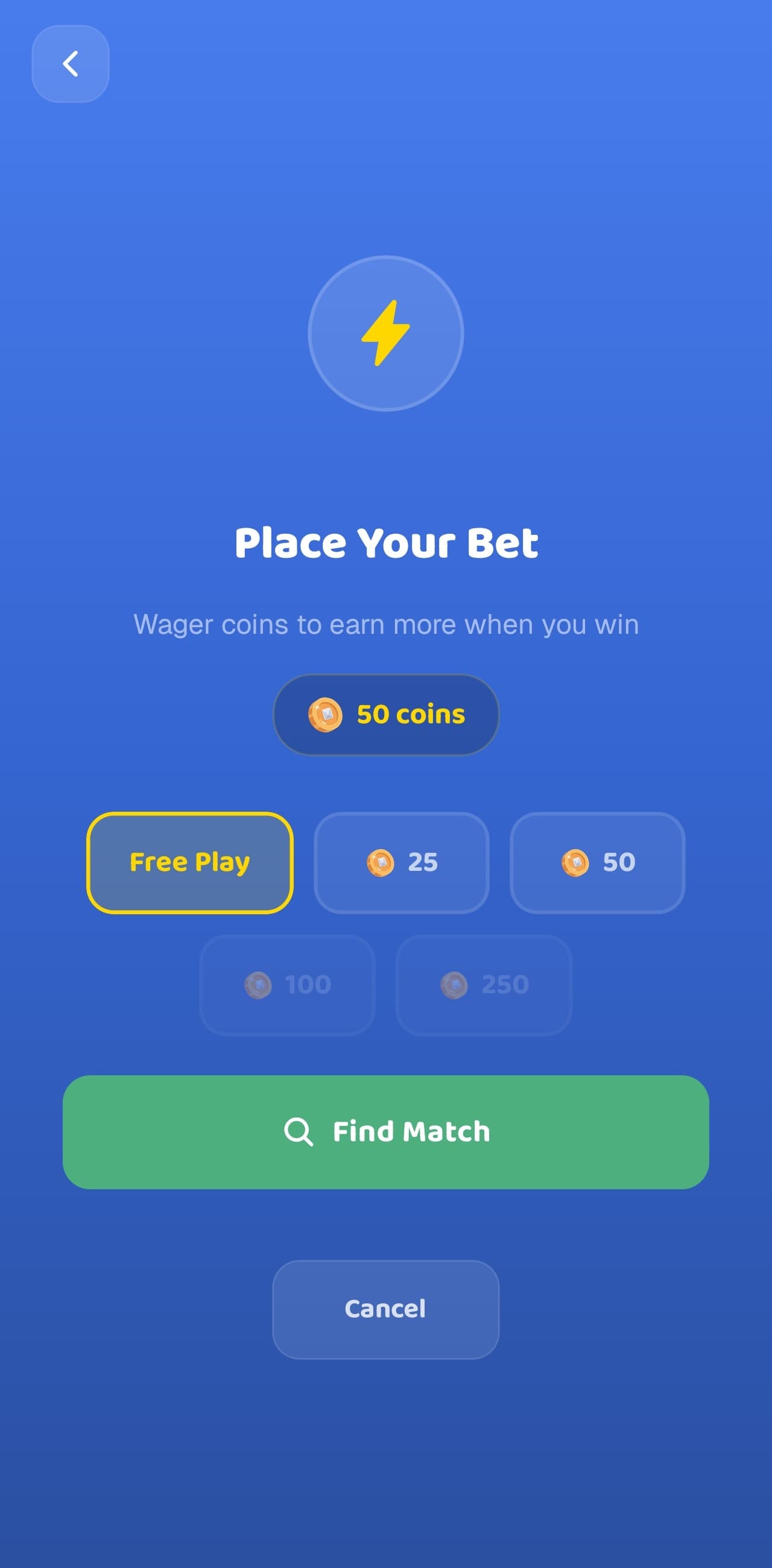 Coin bet screen before starting a match