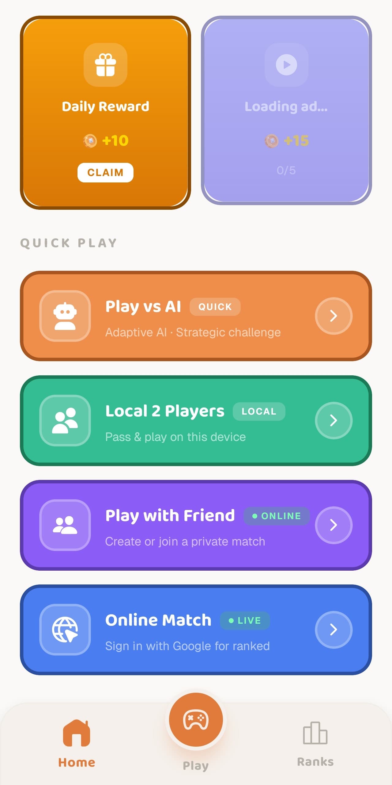 Home screen with play mode options